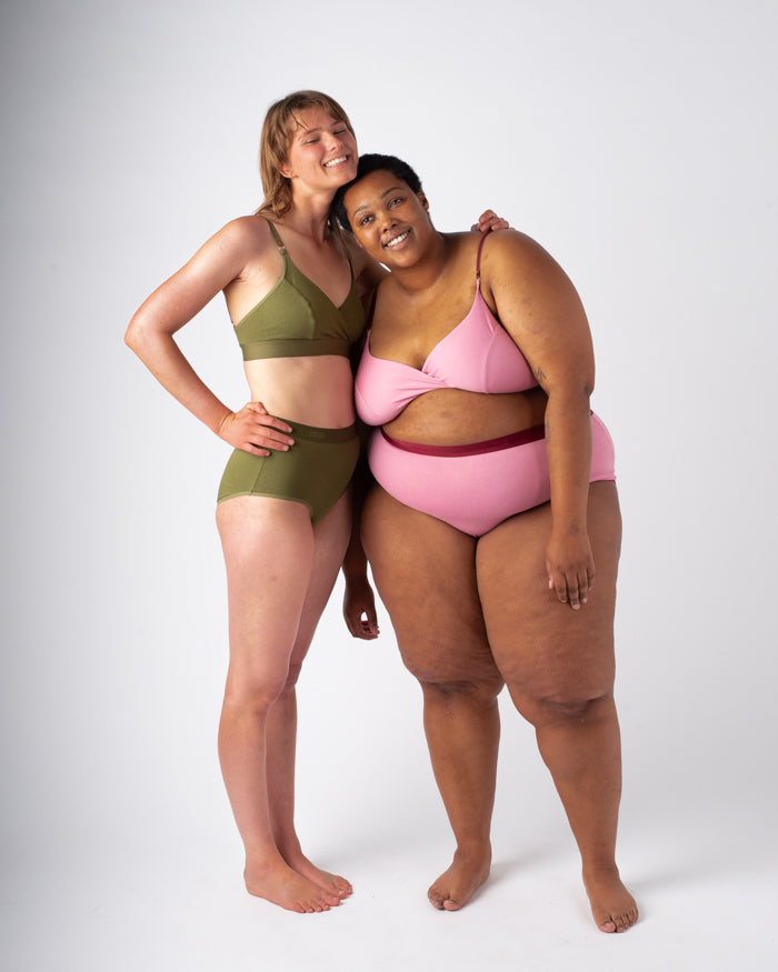 two women wearing nisa bralettes and sabina briefs 